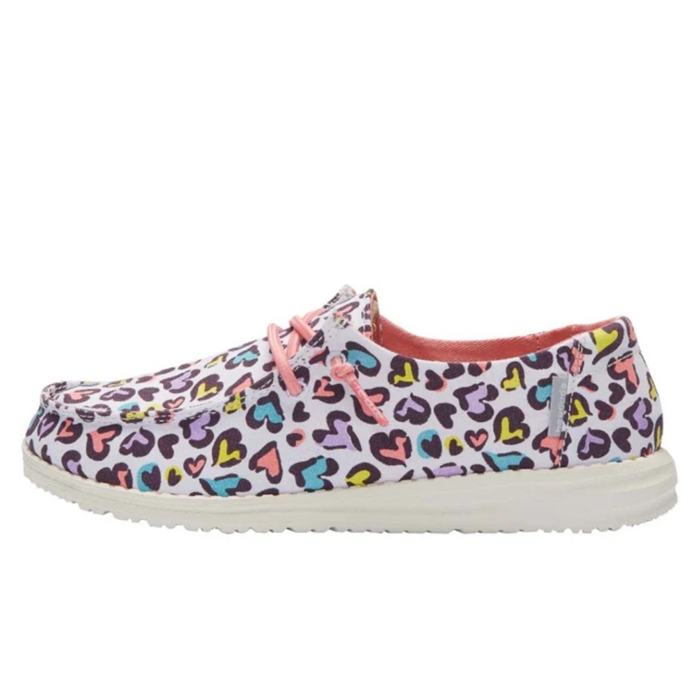 Hey Dude Girls Heart Print Slip-On Shoes in White, Pink, Blue, Yellow, Black